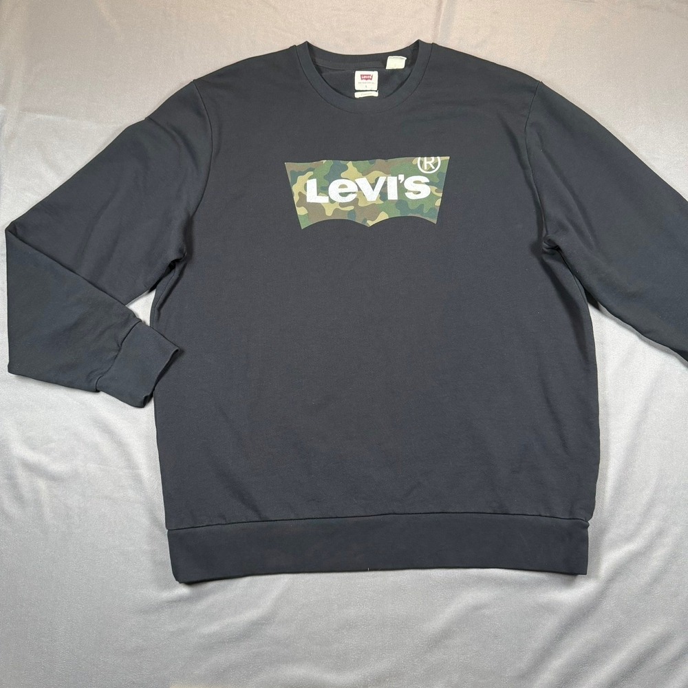 Levi's Batwing Logo Mens Large Black Camo Print Graphic Crewneck Sweatshirt